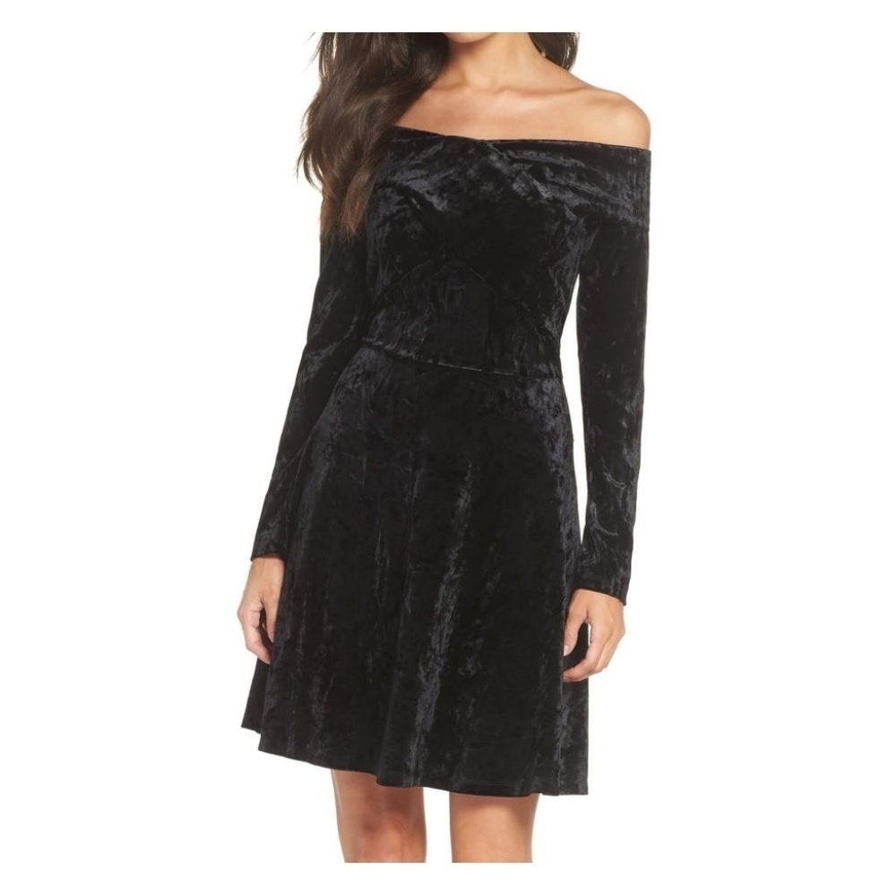 Chelsea28 Black Off Shoulder A-Line Velvet Dress